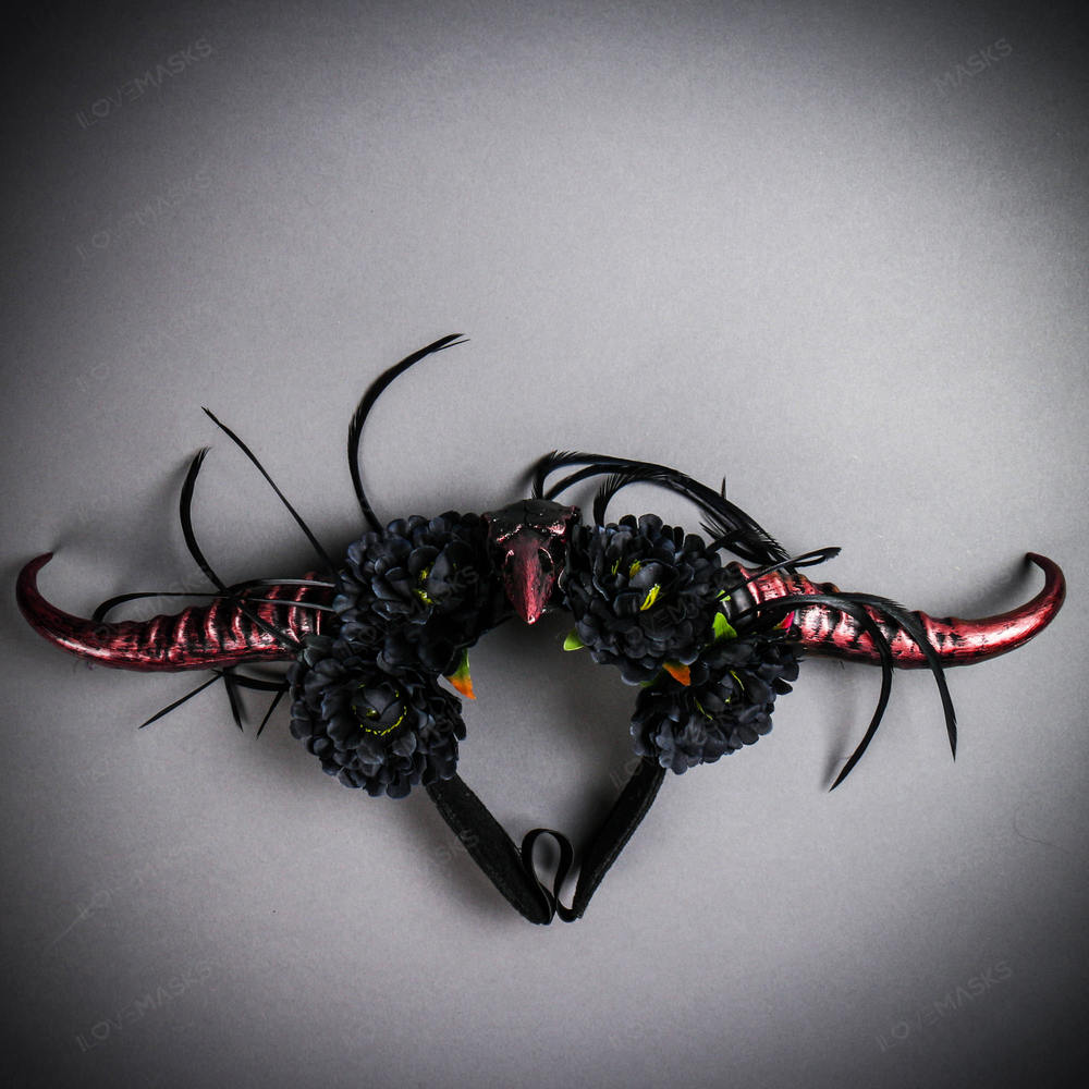 Gothic Demon Long Horn with Flower Head Piece - Black Red